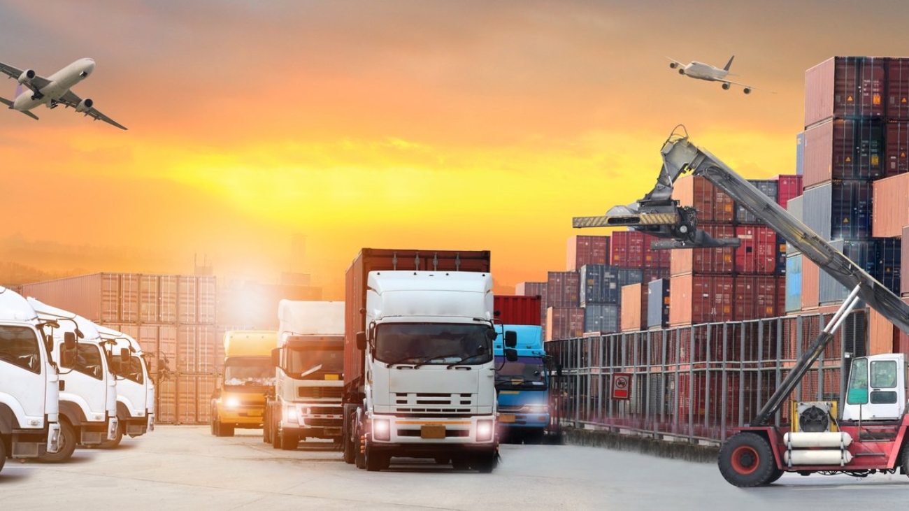 Abstract image of the logistics, there are container truck, ship in port and airplane