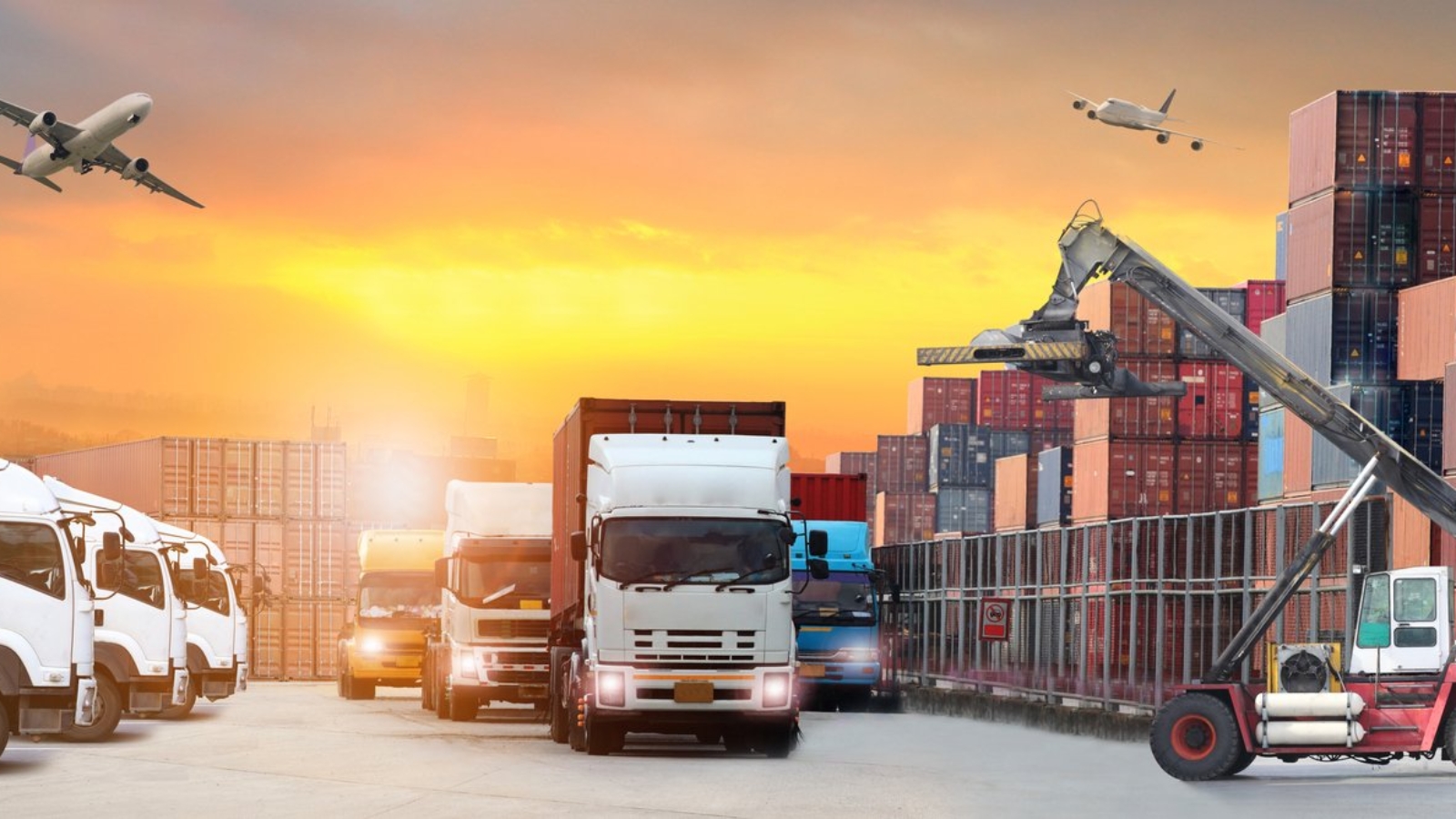 Abstract image of the logistics, there are container truck, ship in port and airplane