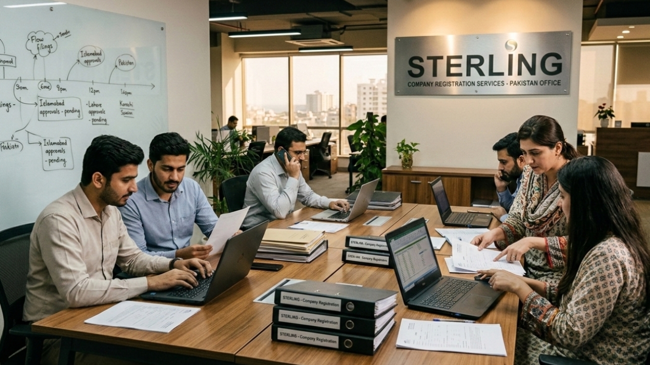 Sterling, the company registration team working in the office, Pakistan