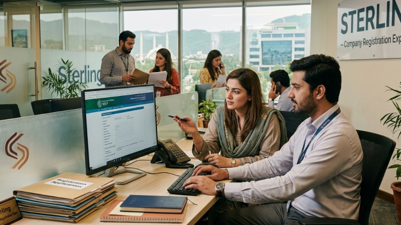 Sterling, company registration team working in the office, Pakistan