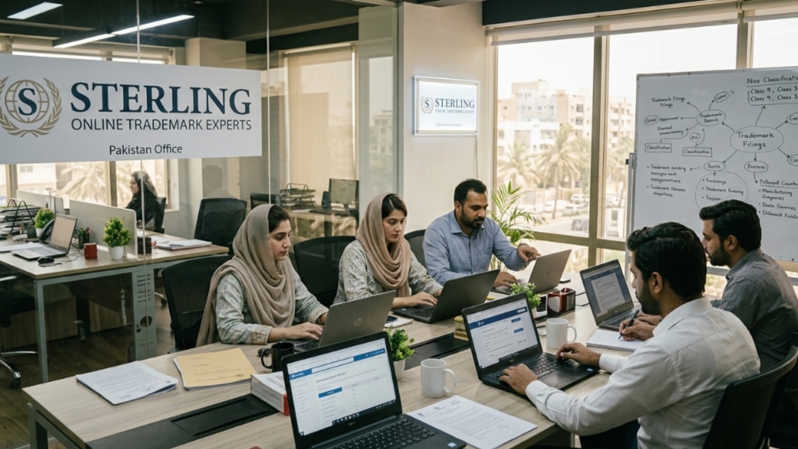 Sterling, online trademark expert team working in the office in Pakistan