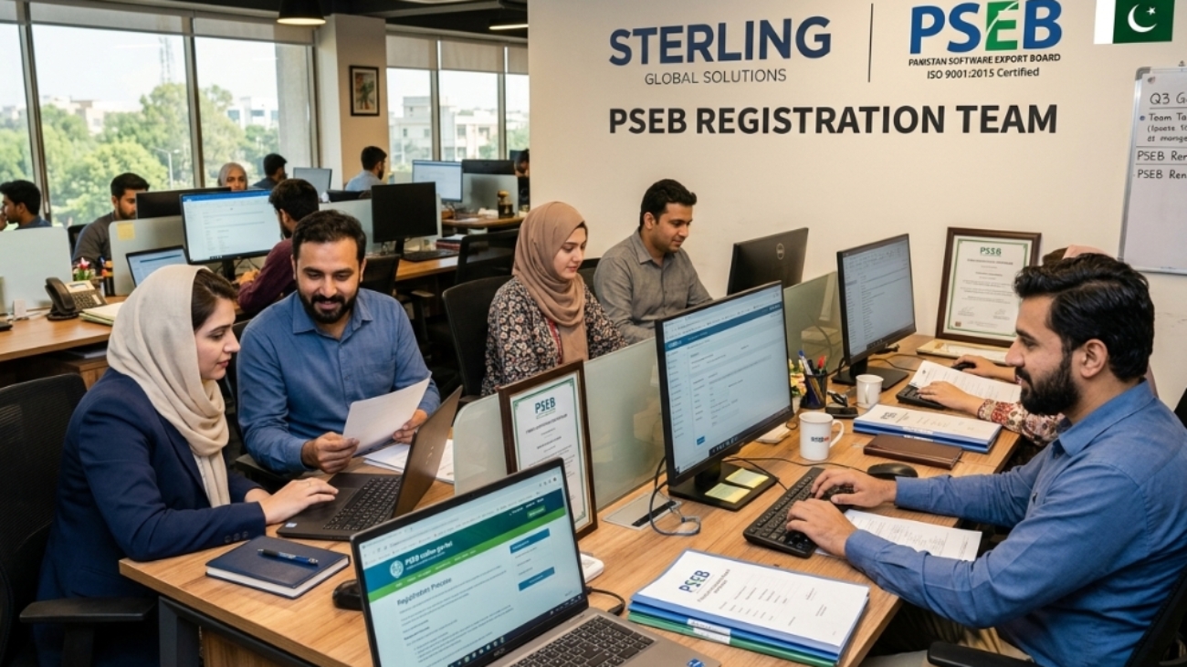 Sterling, PSEB Registration team working in the office in Pakistan