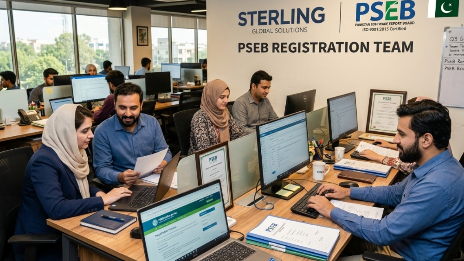 Sterling, PSEB Registration team working in the office in Pakistan