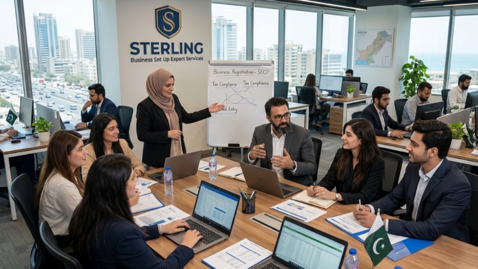 Sterling, business set up expert services team working in the office in, Pakistan