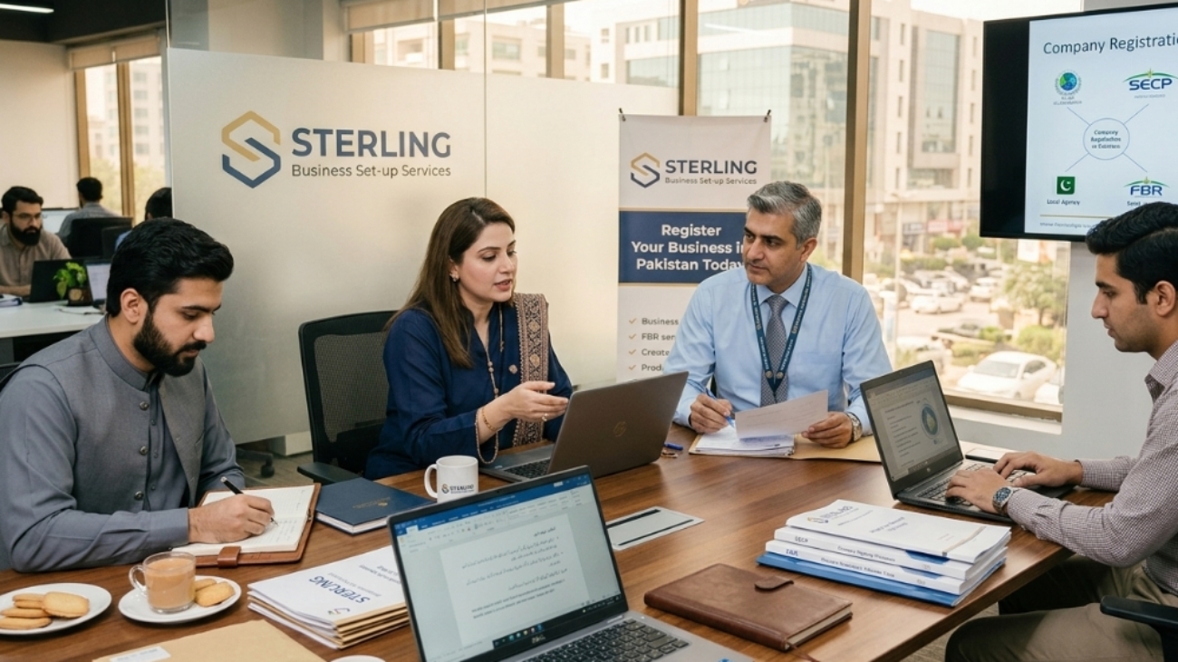 Sterling, business set up services team working in the office in Pakistan