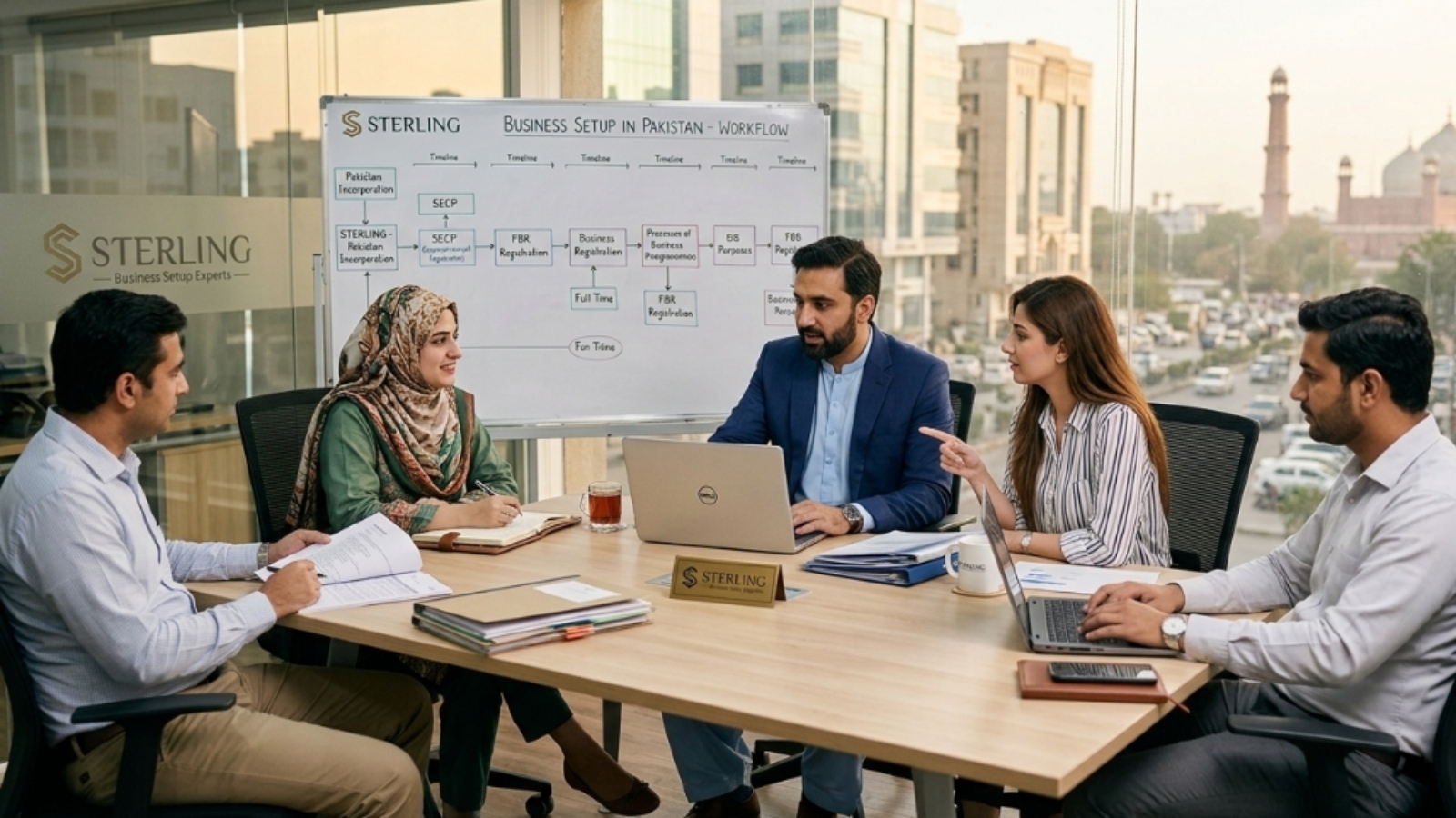 Sterling, business set up team working in the office in Pakistan