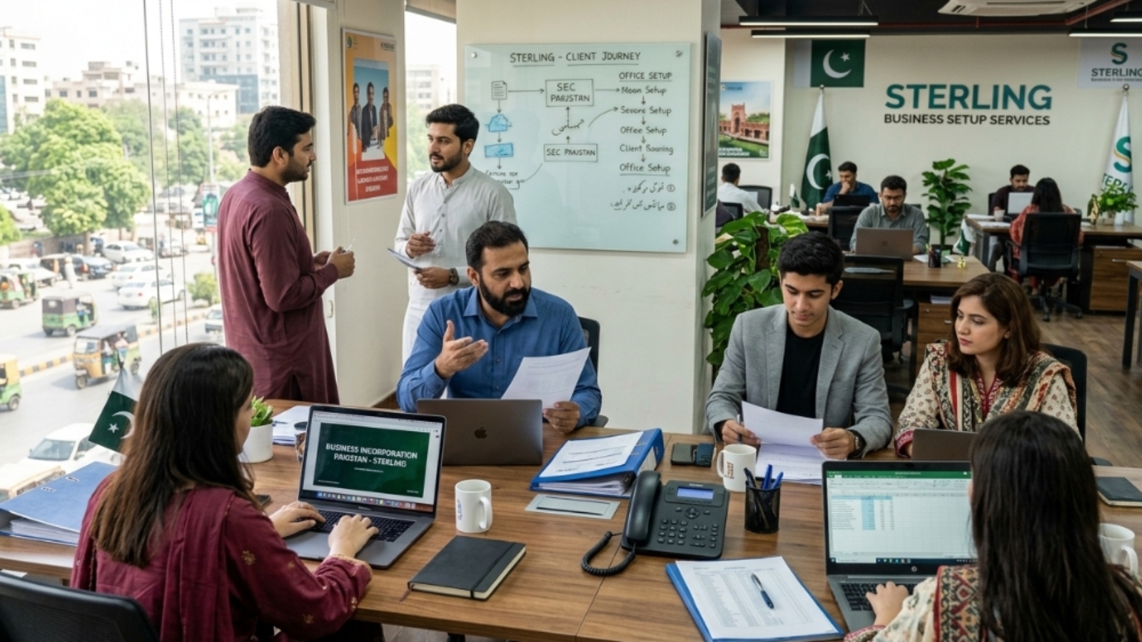 Sterling, business set up services expert team working in the office in Pakistan